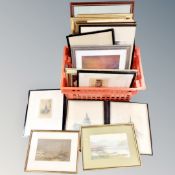 A crate of antique and later colour prints,