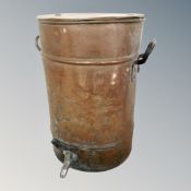 An antique copper twin handled water urn with tap,