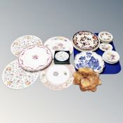A tray of Minton porcelain plates, carnival glass bowl,