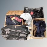 A pallet of clothing, leather jacket, leather gloves,