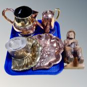 A tray of carved wooden figure of a man with pipe, antique and later metal wares, jug, crumb scoop,