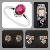 Silver ring with garnet crystal size Q, diamante watch and boxed Diamante earrings.