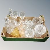 A box of assorted glass ware, heavy cut glass decanter, claret jug,