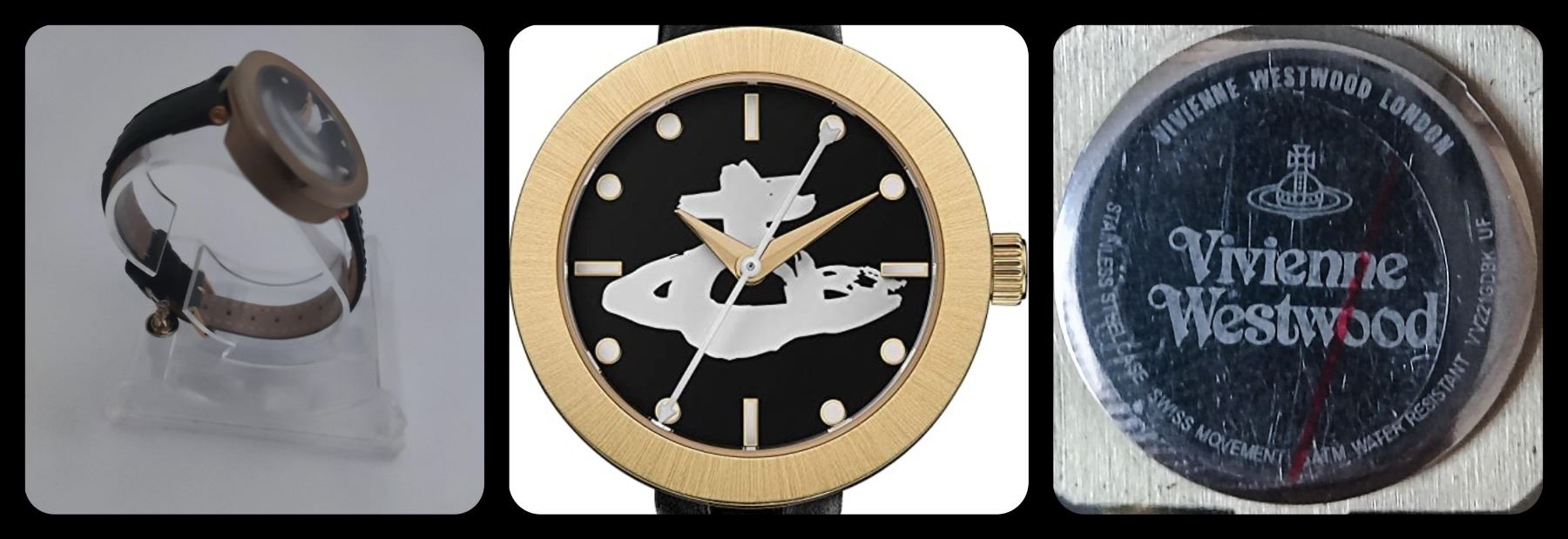 A Vivienne Westwood model: VV221GDBK black leather strap watch. Swiss Ronda movement.