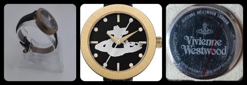 A Vivienne Westwood model: VV221GDBK black leather strap watch. Swiss Ronda movement.