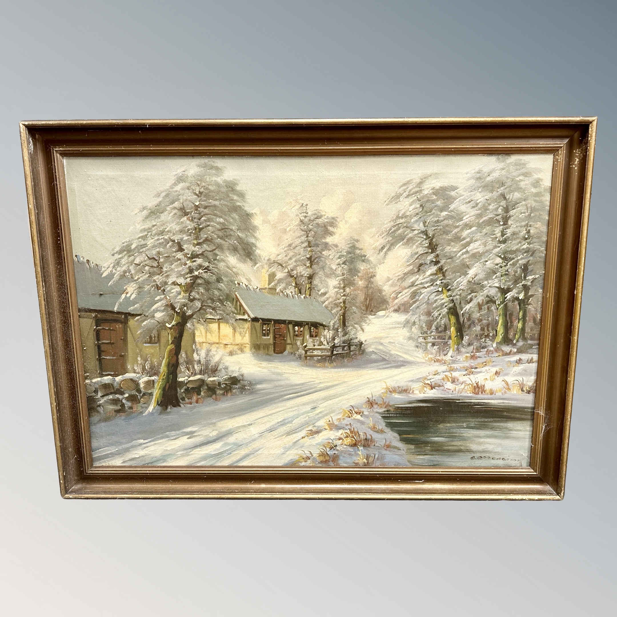 Danish School : Snow on barn near lake, oil on canvas,