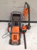 A Flymo electric lawn mower together with a hedge cutter and strimmer