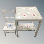 A painted child's chair together with occasional table