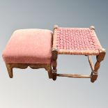 A seagrass footstool and further antique stool