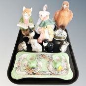 A tray of assorted ceramics, Maling Peony rose dressing table set, Beswick golden eagle decanter,