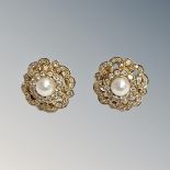 A pair of 18ct yellow gold pearl and diamond earrings, 9.6g.