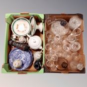 Two boxes of drinking glasses, glass bowls, Japanese eggshell tea pot, comports,