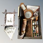 A box of antique carved picture frame, fans, barometer,