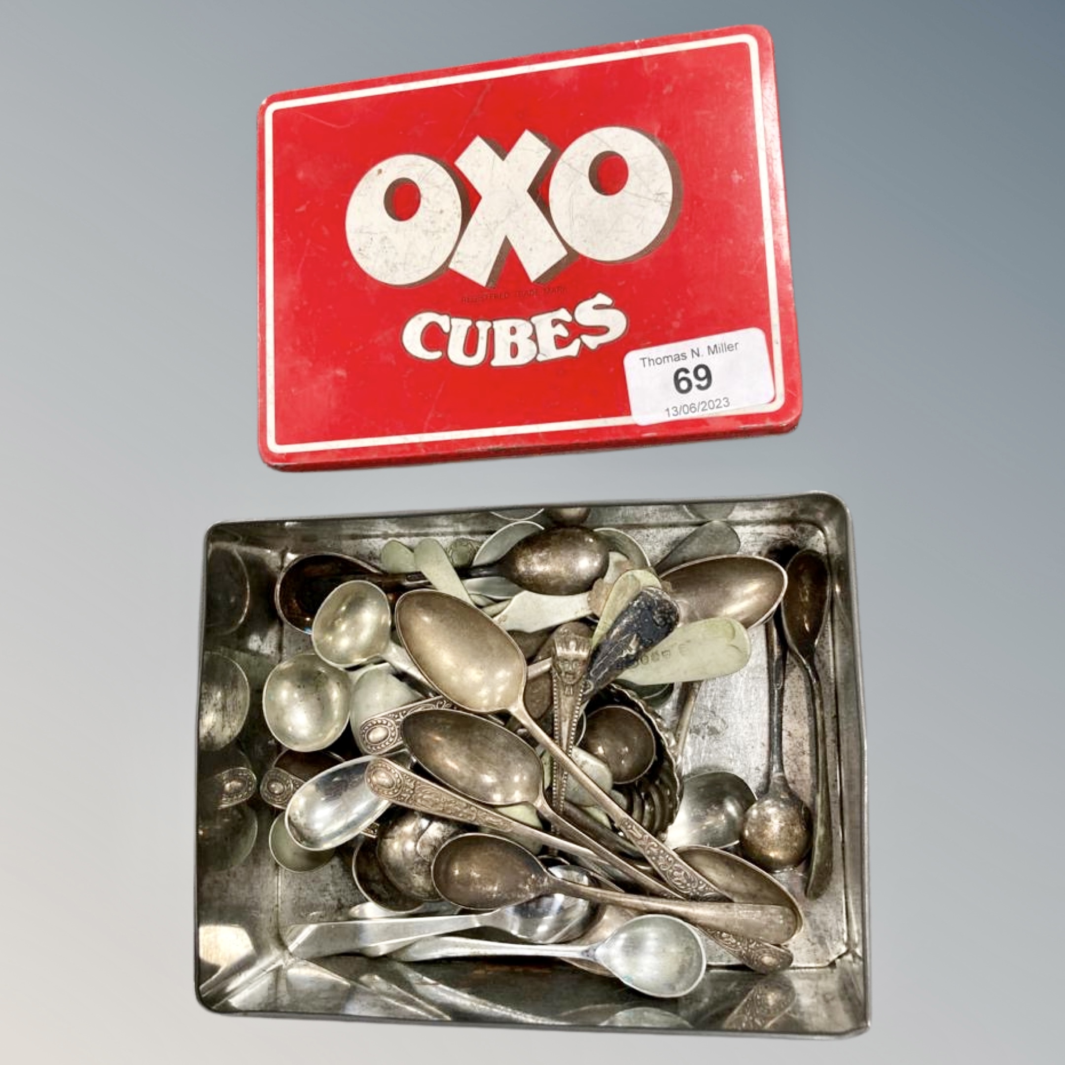A Vintage OXO Cube tin, with lid, containing an interesting collection of forty three salt,