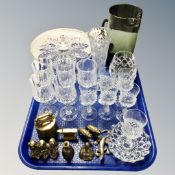 A tray of assorted glass, mid century water jug,