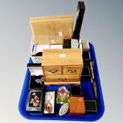 A tray of empty jewellery boxes, miniature pine three drawer jewellery chest, glass perfume bottle,