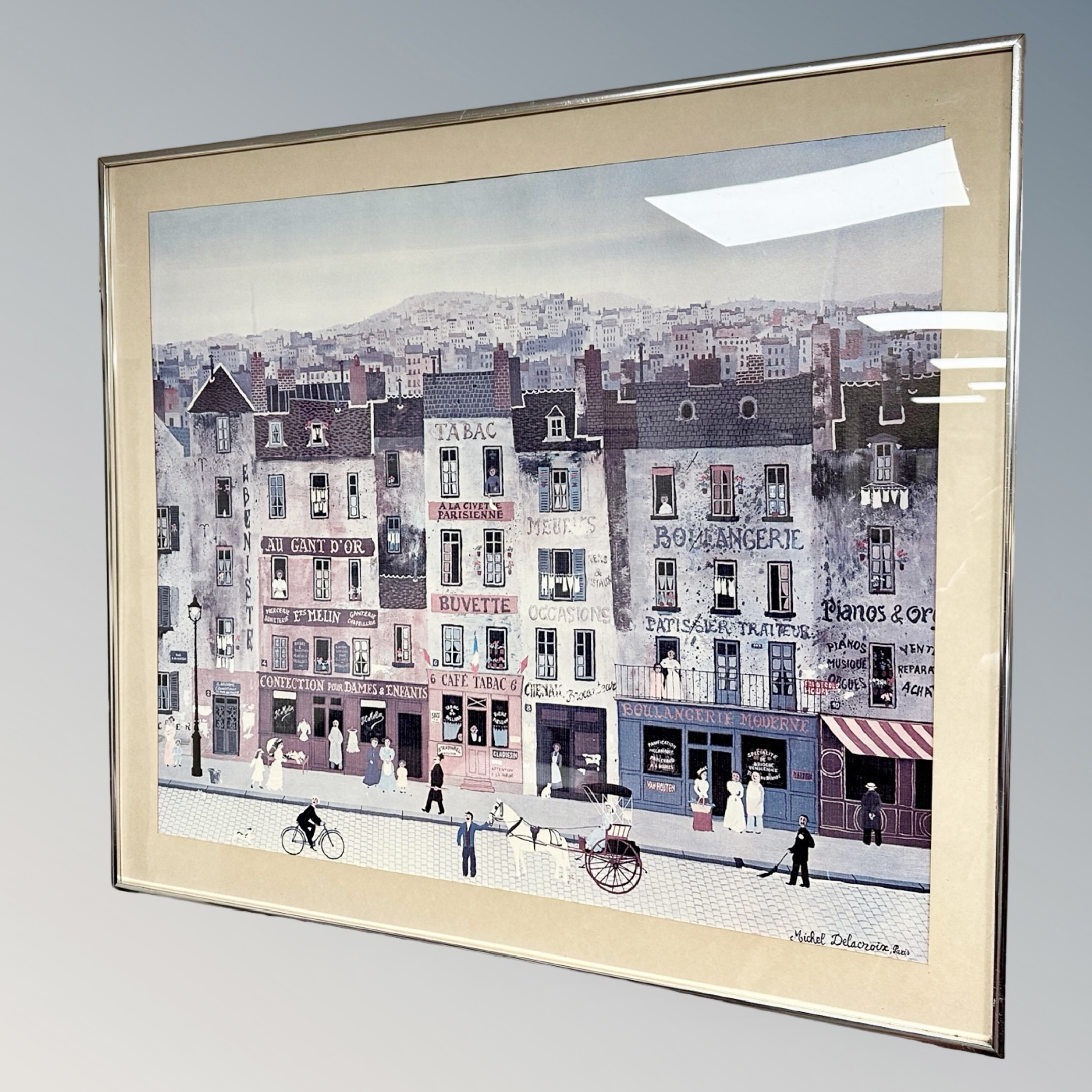 After Michel Delacroix : Paris street scene, colour print,