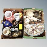 Two boxes of ornaments, wall plaque, Ringtons figures,