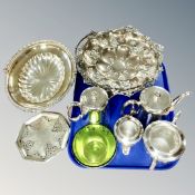 A tray of assorted vintage plated tea ware,