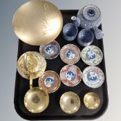 A tray of Japanese china, tea bowls, Imari pin dish,