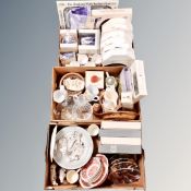 Three boxes of Ringtons ceramics, collector's plates, Denby mugs,