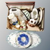 A box of crystal water jug, Maling fruit bowl, Port Merion jug, pictures,