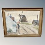 E Lind : Figure by a windmill, oil on canvas,