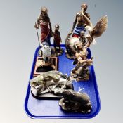 A tray of Leonardo collection figures - Wolf, Stag, Hamilton collection figure of Native American,