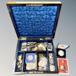 A Victorian walnut box containing coins including Royal Mint Charles & Diana proof coin in box,