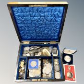 A Victorian walnut box containing coins including Royal Mint Charles & Diana proof coin in box,