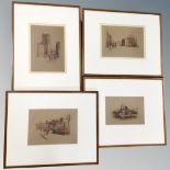 Four black and white engravings depicting The Royal Exchange, The Dock Gatehouse,