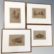 Four black and white engravings depicting The Royal Exchange, The Dock Gatehouse,