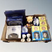 A box of Piggin figures, Ringtons blue and white plates,