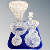 A tray containing six pieces of good quality lead crystal to include Edinburgh crystal bowl,