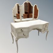 A cream and gilt five piece bedroom suite - Five drawer chest, two drawer low table,