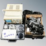 A box of Topward oscilloscope, pair of wireless headphones, electricals,