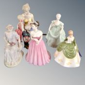 Five various porcelain figures of ladies by Royal Doulton, Wedgwood,