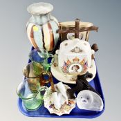 A tray of wooden pipe rack in the form of an anchor, commemorative ceramics and glass ware,