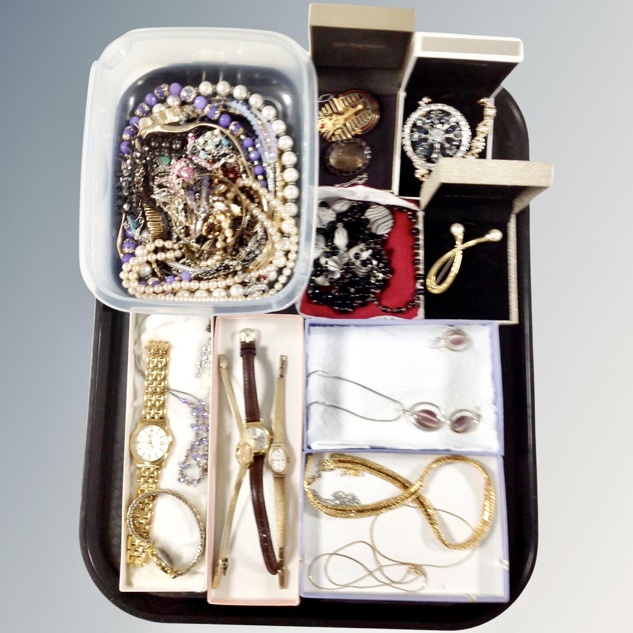 A tray of costume jewellery, John Richard brooches, beaded necklaces, pendant on chain,