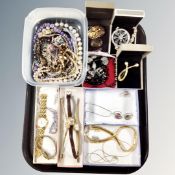 A tray of costume jewellery, John Richard brooches, beaded necklaces, pendant on chain,