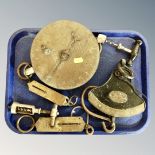 A tray of antique Salter balance and pocket scales together with two further antique corkscrews