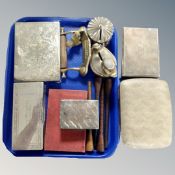 A tray of silver plated boxes, brass toilet roll holder,