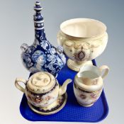 A tray of Continental blue and white flask (Af), Crown Devon jardiniere, Carlton ware jug,