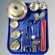 A tray of assorted plated wares, muffin dish with cover, coin dishes, sugar tongs,