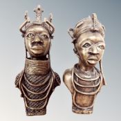 A pair of Benin bronze busts - The Oba of Benin and his wife,