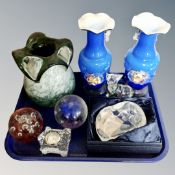 A tray of assorted glass ware, Edinburgh crystal miniature mantel clock, art glass vase,