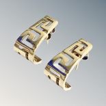 A pair of yelow gold (tested 14ct) Greek pattern half hoop earrings, 5.2g.