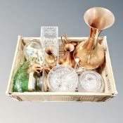 A crate of 20th century glassware, anniversary clock under shade,