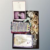 A tray of costume jewellery, lady's Ted Baker watch, beaded fabric,