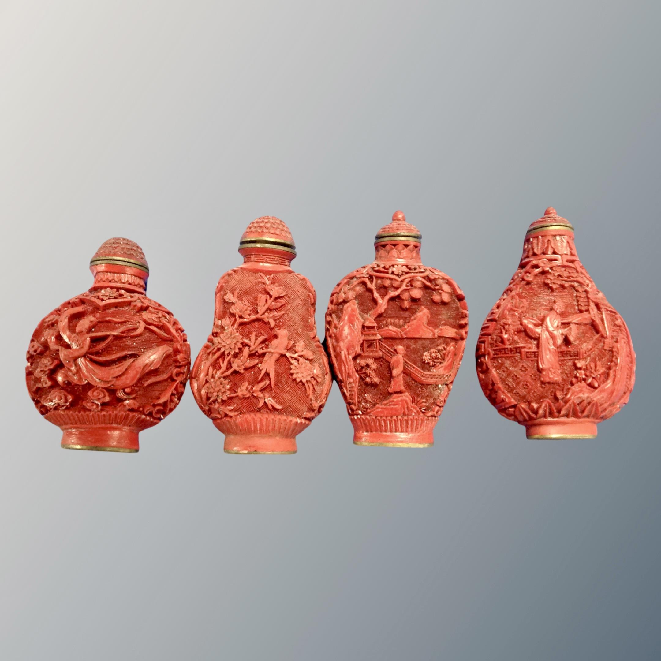 Four Chinese cinnabar style scent bottles (4)